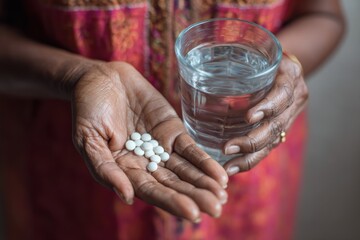 Hands holding medicine pills and a glass of water