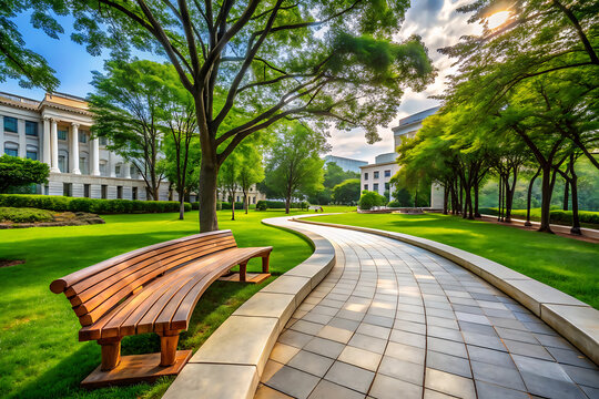 Peaceful park bench beside winding stone path under lush green trees
