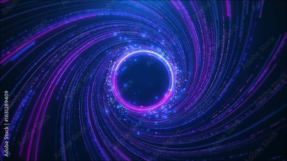 Poster swirling vortex of vibrant light trails in blue, purple big data, block chain and digital technology