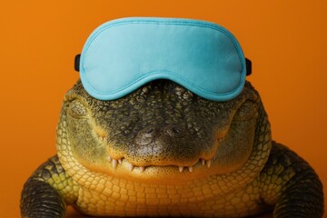 A playful crocodile wearing a blue sleep mask against a vibrant orange background, embodying a whimsical and fun spirit.