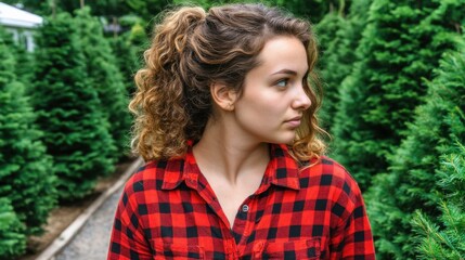 Woman with curly hair wearing a red and black checkered shirt standing outdoors among green trees