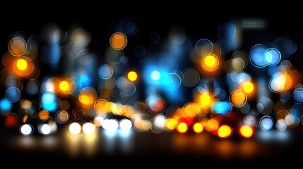 Blurred city lights at night creating colorful bokeh effect with vibrant glowing orbs and abstract illumination