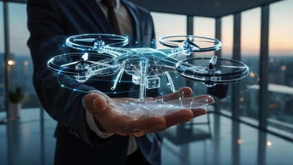 Businessman holding a holographic drone