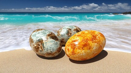 Colorful polished stones on sandy beach with ocean waves and blue sky in background