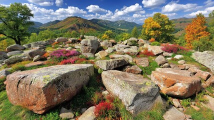 Colorful rocky landscape with lush trees and mountains in the background during autumn