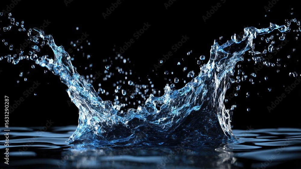 Poster splash of clear water creating dynamic movement against a black background