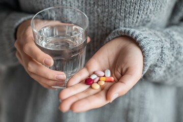 Hands holding medicine pills and a glass of water
