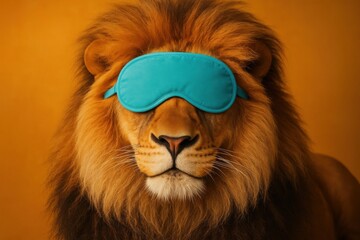 A majestic lion wearing a bright blue sleep mask against a warm, golden backdrop, symbolizing rest and tranquility in the animal kingdom.