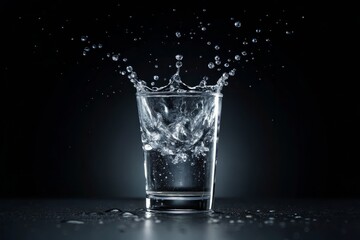 A clear glass filled with water creating a splash against a dark background with water droplets