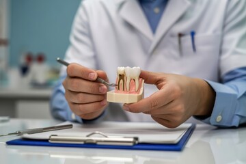 Dentist demonstrating tooth decay and root canal procedure using anatomical model to explain dental health and treatment options