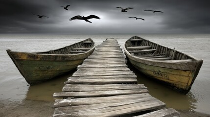 A wooden pier extends into a calm body of water with two boats docked on either side under a cloudy sky