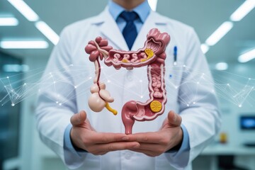 Expert physician showcases detailed digestive system model, highlighting internal health and medical science advancements with digital network overlay