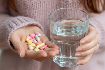 Hands holding medicine pills and a glass of water