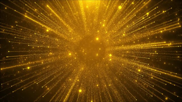 Golden digital rays explode in center particles spread shine, light trails flicker sparkle effect starburst background, festive glamour, celebration sparkle ring burst, glowing screen, magic lines.