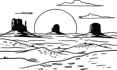 "Desert Landscape Line Art with Monument Rocks and Sun &mdash; Minimalist Western Scene"