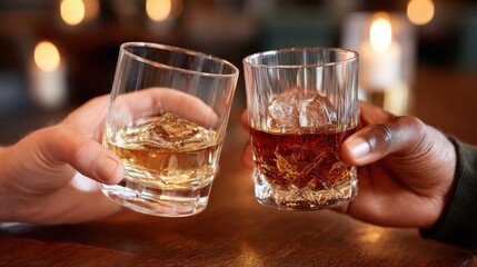 Two hands clink glasses filled with whiskey in a warm, cozy setting with blurred background lighting