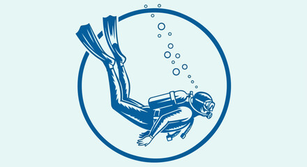 Stylized blue illustration of a scuba diver in full gear, descending with air bubbles inside a circular emblem.