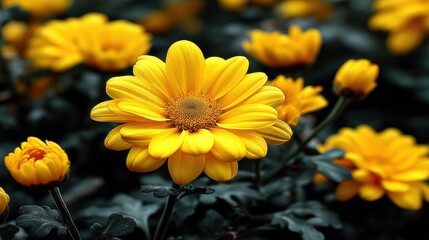 Bright yellow daisy flower with vibrant petals and dark green foliage in the background