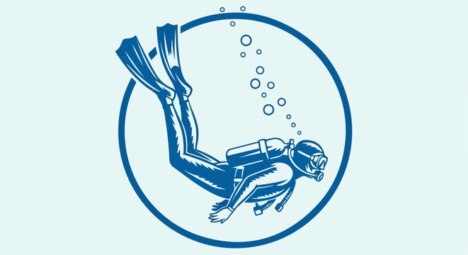 Stylized blue illustration of a scuba diver in full gear, descending with air bubbles inside a circular emblem.