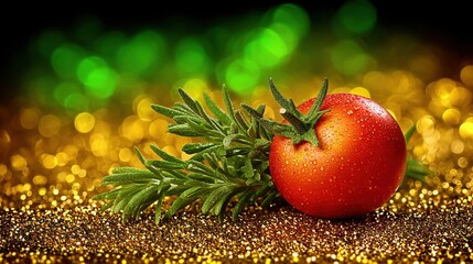 A ripe tomato with fresh green herbs on a glittery golden background