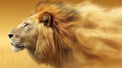 A majestic lion with a flowing mane moving swiftly across a golden background