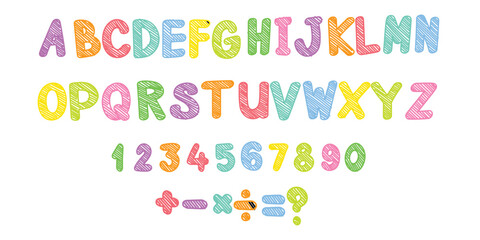 Playful colorful alphabet and numbers with doodle-style texture. Perfect for kids’ education, learning materials, posters, school supplies, and fun creative projects. Eye-catching and modern design.
