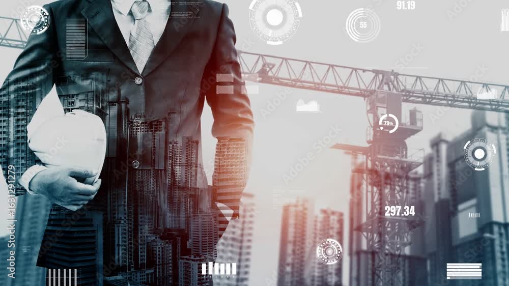Poster future building construction and inventive engineering project concept with hud hologram graphic des