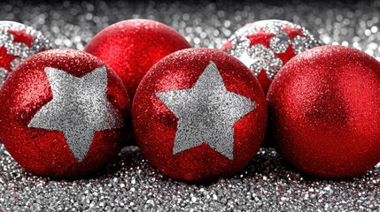 Red Christmas ornaments with silver stars and glitter on a festive background