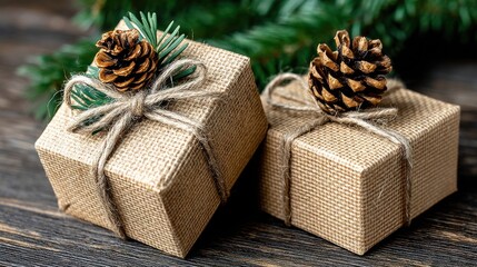 Festive gift boxes wrapped in burlap with pinecones and twine on wooden surface