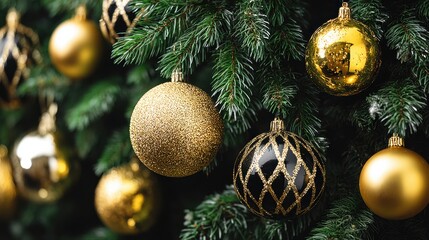 Red and gold Christmas ornaments hanging on a lush green pine tree branch