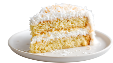 A triangular slice of a fluffy yellow cake with layers of white cream filling, generously covered in shredded white coconut, presented on a simple white plate against.