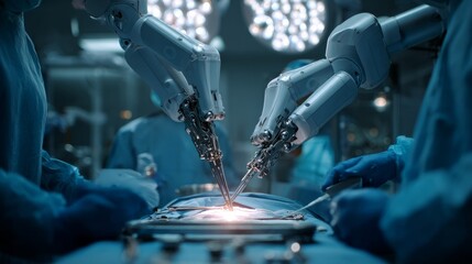 Advanced robotic arms performing precise surgical operations in a modern operating room