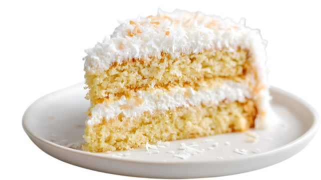 A triangular slice of a fluffy yellow cake with layers of white cream filling, generously covered in shredded white coconut, presented on a simple white plate against.