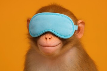Cheerful monkey wearing a turquoise sleep mask against a bright orange background, embodying a playful and relaxed vibe.