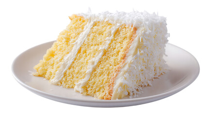 A triangular slice of a fluffy yellow cake with layers of white cream filling, generously covered in shredded white coconut, presented on a simple white plate against.