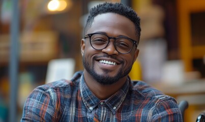 Inclusive image showing a happy smiling black African American disabled office LGBT colleague in a wheelchair, promoting workplace diversity and inclusivity, Generative AI