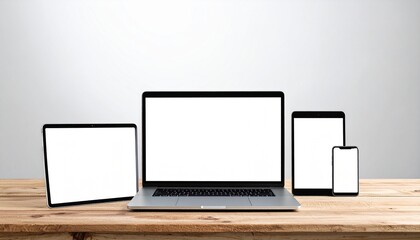 Fototapeta premium Laptop, Tablet and Smartphone Mockup with Blank White Screens on Wooden Desk for Responsive Design Presentation