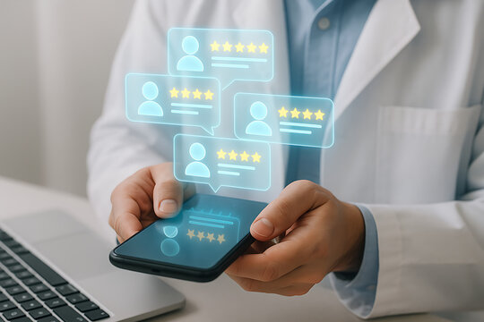 Healthcare professional holding phone with futuristic review system showing floating five star ratings and patient feedback icons in digital virtual interface environment