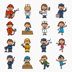 Cartoon Professions Vector Set: Firefighter, Nurse, Doctor, Pilot, Carpenter, Teacher, Dancer, Policeman