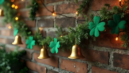 Green shamrock decorations with golden bells on brick wall background  