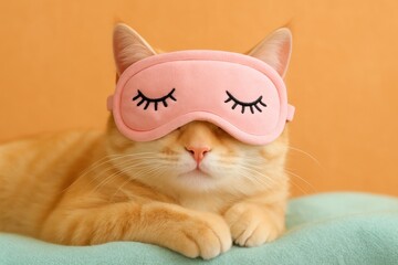 Adorable orange cat wearing a pink sleep mask, resting peacefully on a soft blanket, creating a cozy and playful atmosphere.
