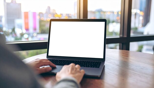 Man using Laptop with Blank White Screen Display for Mockup in Modern Office, Business Technology Concept
