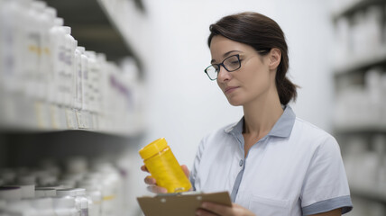 Pharmacist woman glasses white coat holding bottle tablet clipboard shelf pharmacy focused healthcare professional medication