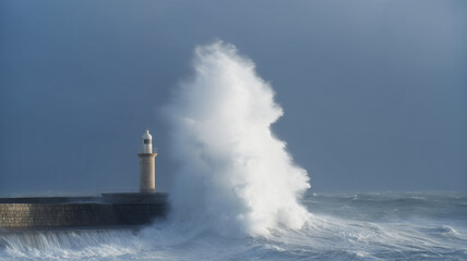 Powerful ocean waves crashing against lighthouse, dramatic sky, stormy sea, mist, energy, nature force