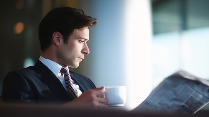 Businessman suit coffee newspaper morning professional indoor thoughtful reading male adult modern office concentration