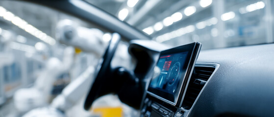 Modern car interior dashboard with digital touchscreen, steering wheel, and robotic arm in high tech factory background
