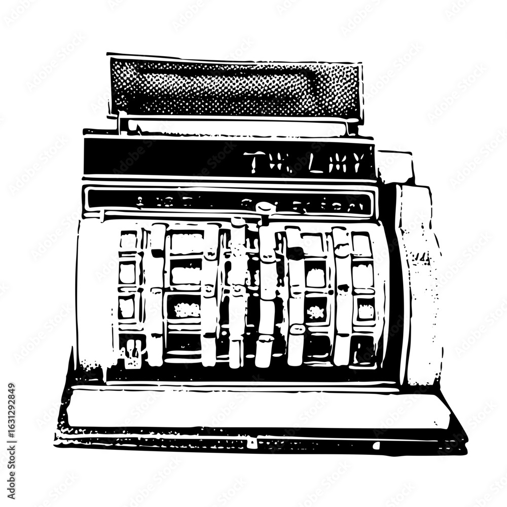 Poster vector vintage calculating machine with detailed keys.