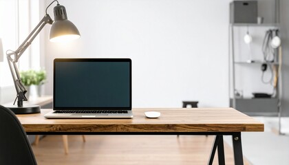 Laptop with Blank  Screen on Minimalist Desk Setup for Work From Home or Office Mockup