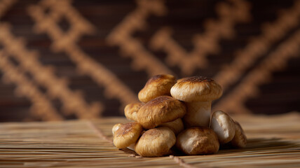 Fresh golden shiitake mushroom pile on bamboo mat, earthy organic texture, natural rustic background