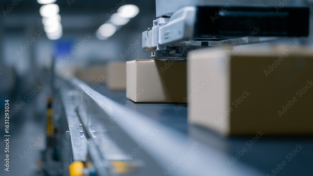 Poster automated packaging robot sorting cardboard box on conveyor belt in warehouse, efficient and modern 